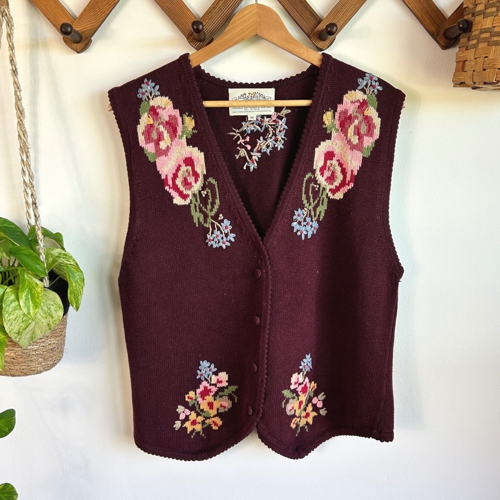 Susan Bristol Vintage Burgundy Hand Embroidered Floral Knit Sweater Vest Medium